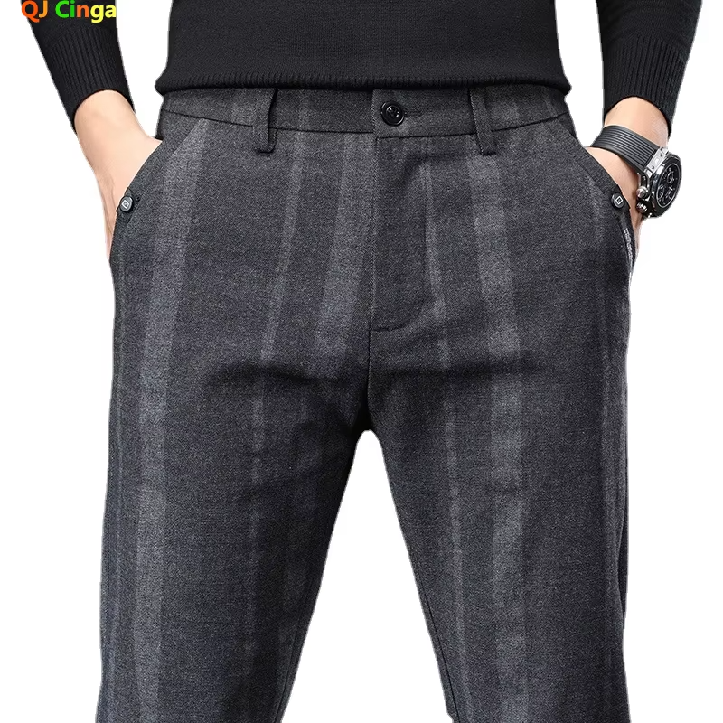 2026 New Men's Grey Vertical Stripe Suit Pants, Business Casual Trousers, Blue-Black Pantalon. Asia Sizes