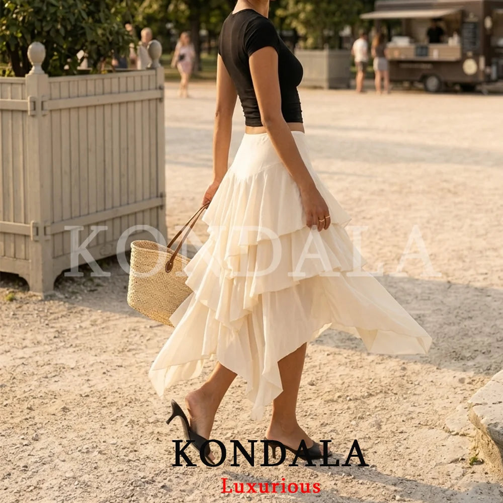 KONDALA Holiday Chic Ruffles Long Skirts Women Mid Waist Zipper Irregular Skirts Fashion 2026 Spring Summer Vacation Beach Skirt