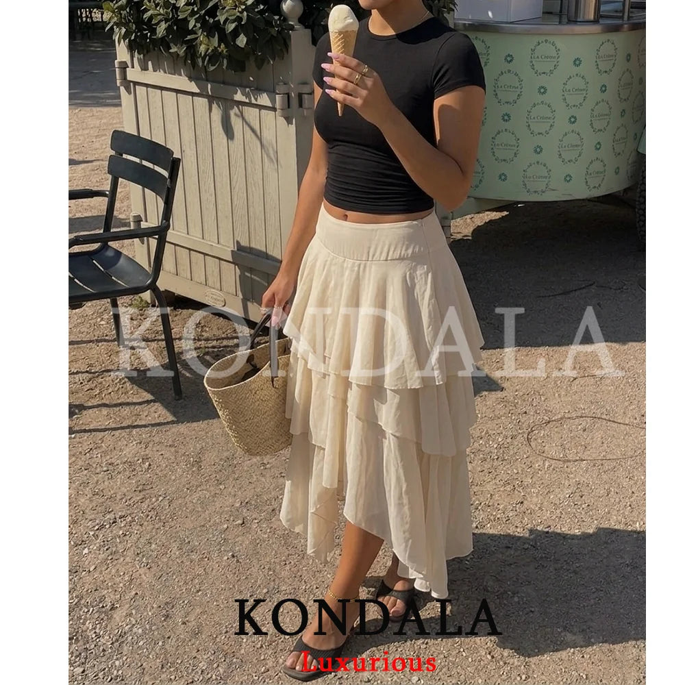 KONDALA Holiday Chic Ruffles Long Skirts Women Mid Waist Zipper Irregular Skirts Fashion 2026 Spring Summer Vacation Beach Skirt