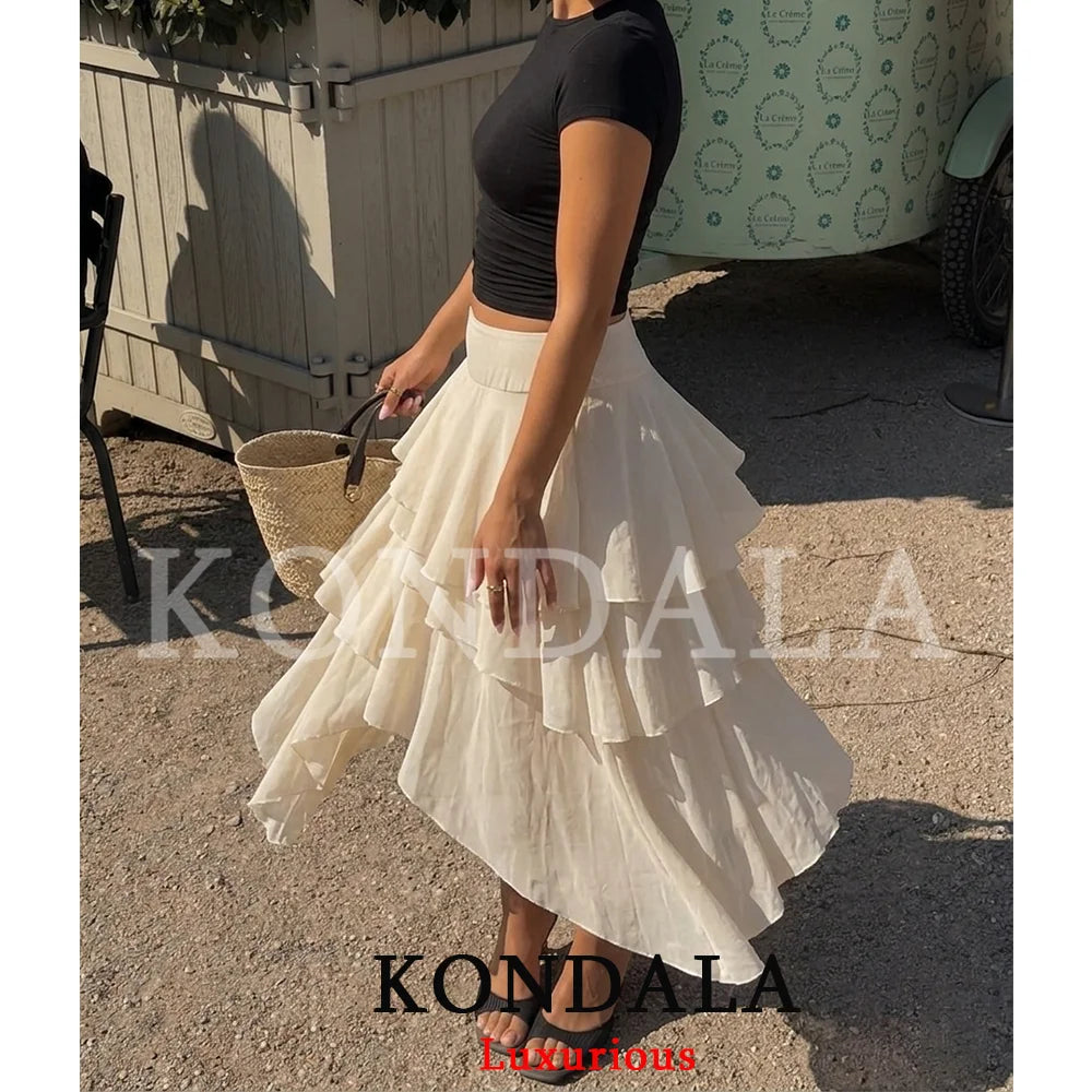 KONDALA Holiday Chic Ruffles Long Skirts Women Mid Waist Zipper Irregular Skirts Fashion 2026 Spring Summer Vacation Beach Skirt