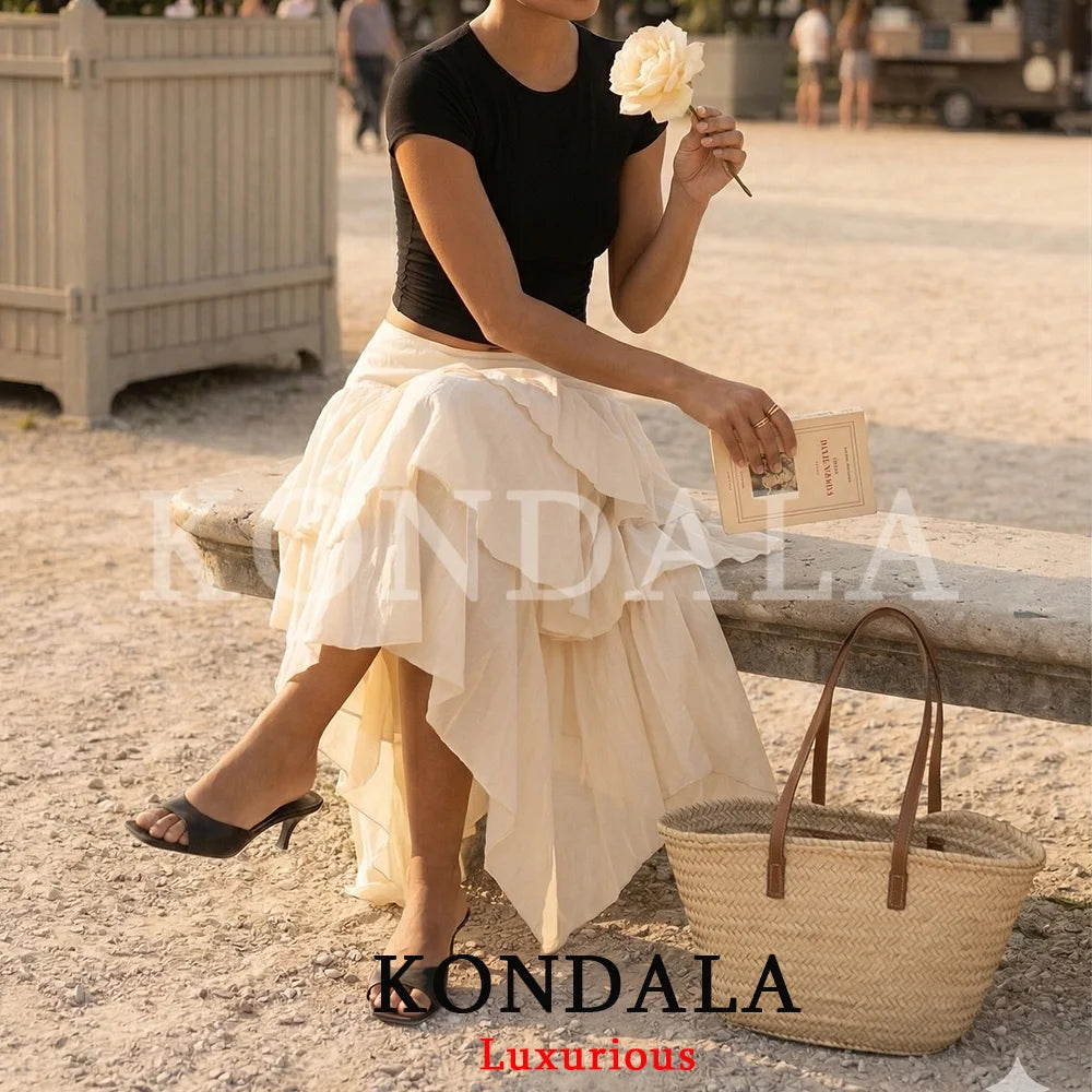 KONDALA Holiday Chic Ruffles Long Skirts Women Mid Waist Zipper Irregular Skirts Fashion 2026 Spring Summer Vacation Beach Skirt
