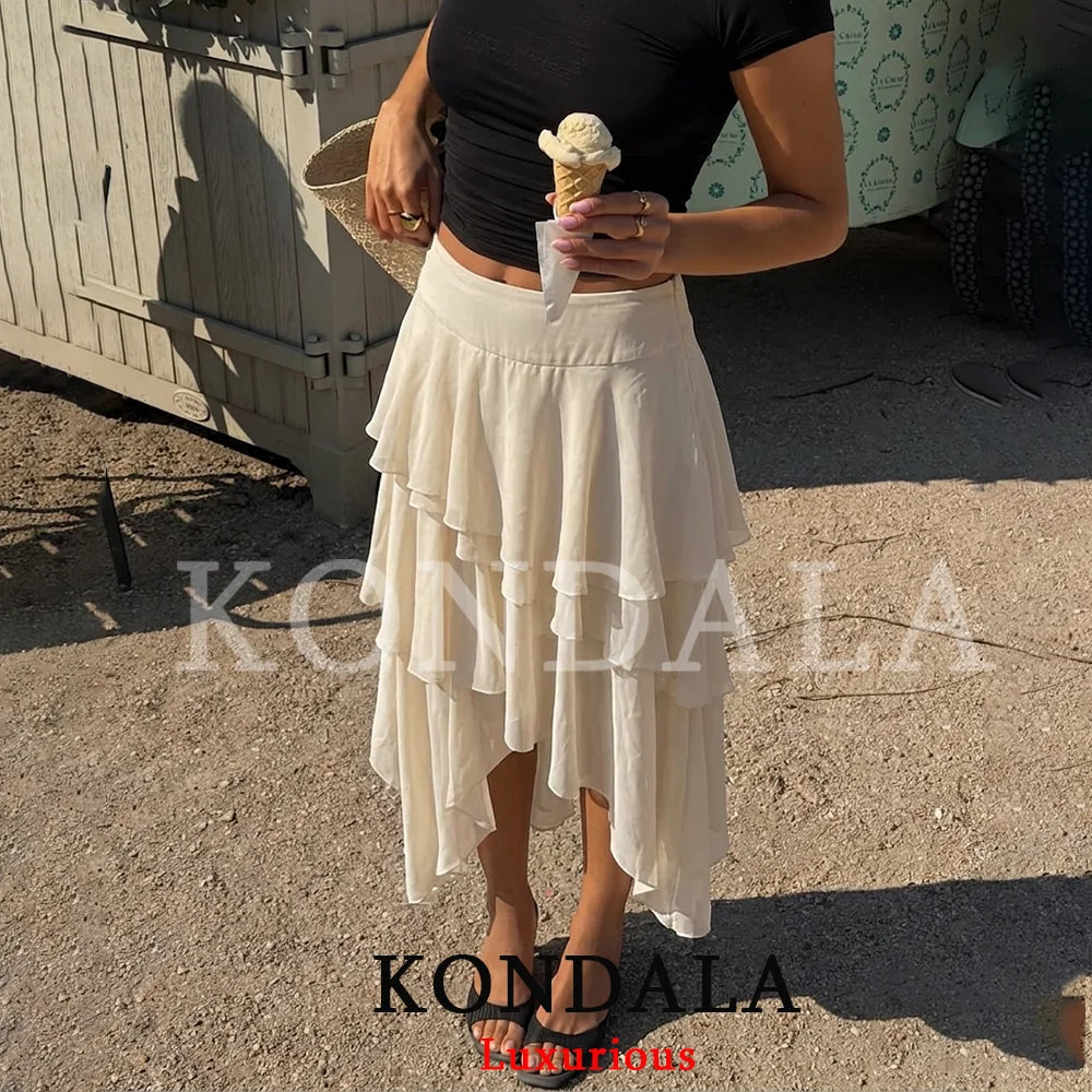 KONDALA Holiday Chic Ruffles Long Skirts Women Mid Waist Zipper Irregular Skirts Fashion 2026 Spring Summer Vacation Beach Skirt