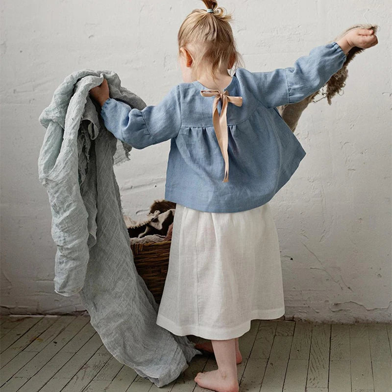 Girls Back Bow Tie Linen Long Sleeve Blouse – Solid Casual Loose Autumn Top