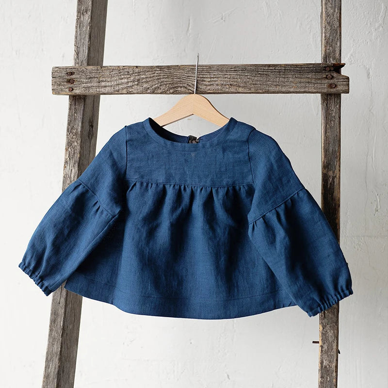 Girls Back Bow Tie Linen Long Sleeve Blouse – Solid Casual Loose Autumn Top