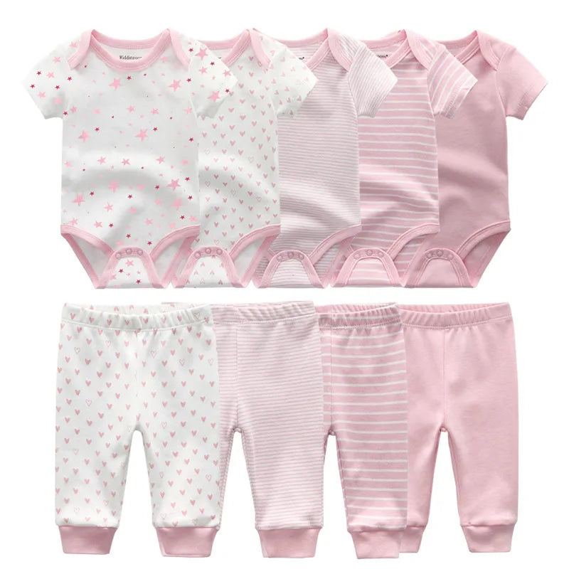 Unisex 6/9/10Pieces Cotton New Born Bodysuits+Pants Baby Girl Clothes Sets Cartoon Print Short Sleeve Baby Boy Clothes Bebes