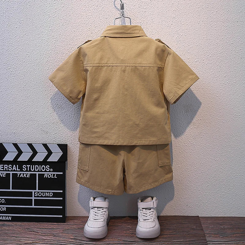 Summer Kids 2026 Summer New Boys Suit Child Buttons Shirt Cargo Shorts Multi-pocket Workwear Suit Short Sleeve Shorts Cotton Set