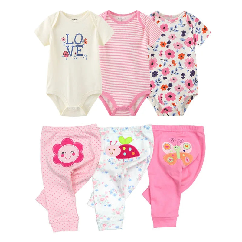 Unisex 6/9/10Pieces Cotton New Born Bodysuits+Pants Baby Girl Clothes Sets Cartoon Print Short Sleeve Baby Boy Clothes Bebes