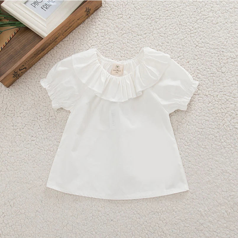 Baby Girl Ruffle Collar Short Sleeve Blouse – Breathable Cotton Summer Top