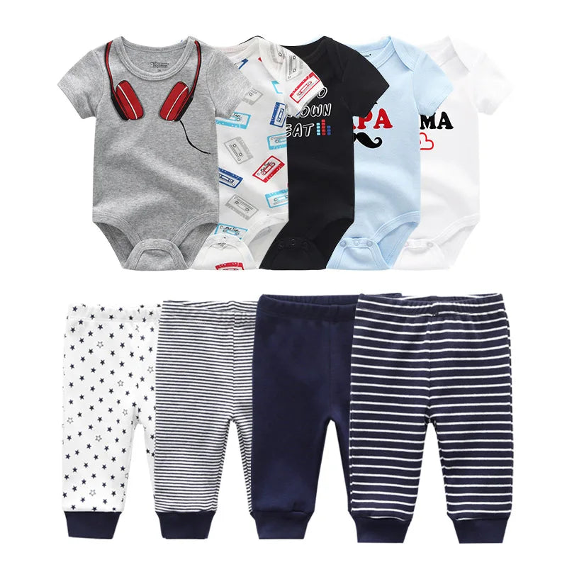 Unisex 6/9/10Pieces Cotton New Born Bodysuits+Pants Baby Girl Clothes Sets Cartoon Print Short Sleeve Baby Boy Clothes Bebes