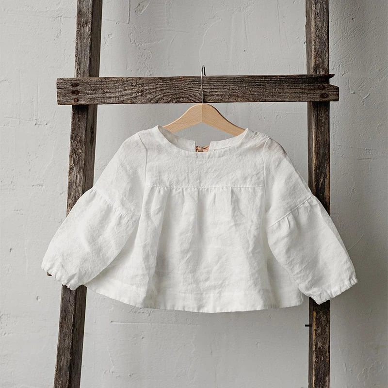 Girls Back Bow Tie Linen Long Sleeve Blouse – Solid Casual Loose Autumn Top