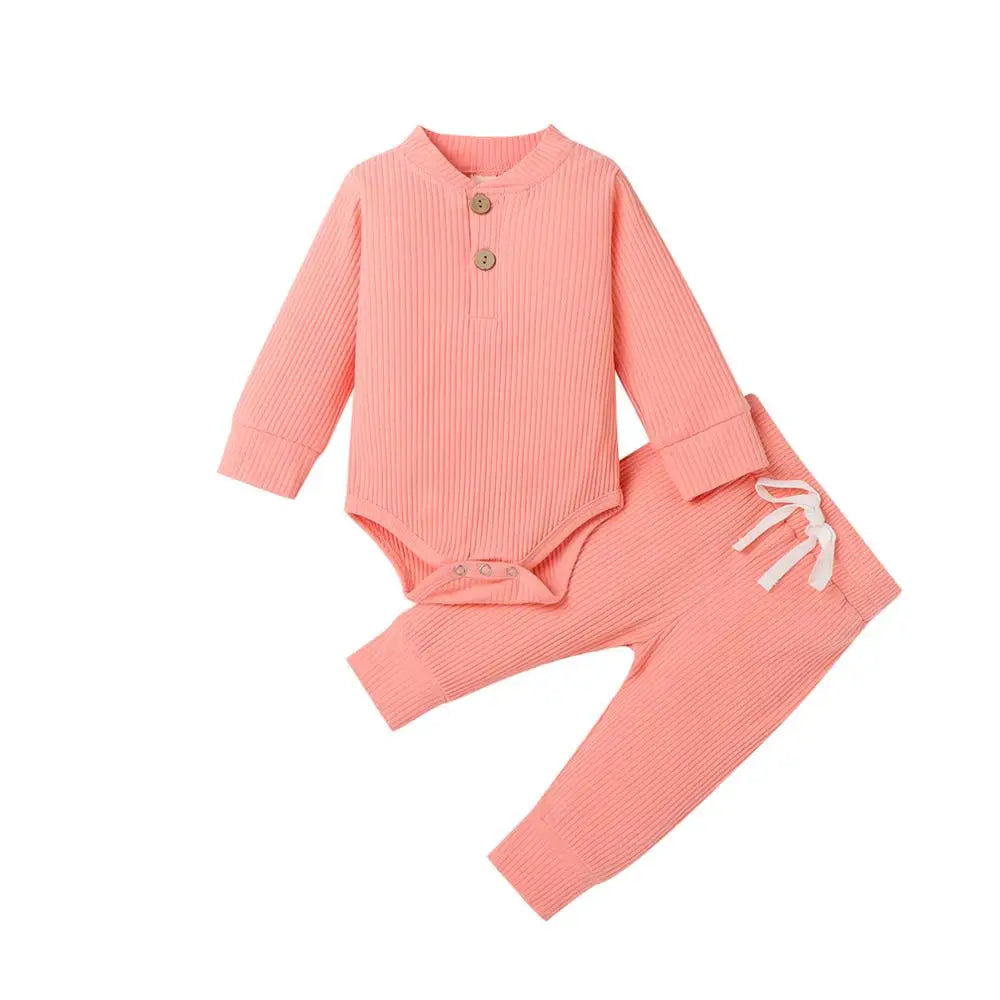 Infant Newborn Baby Girl Boy Spring Autumn Ribbed/Plaid Solid Clothes Sets Long Sleeve Bodysuits + Elastic Pants 2PCs Outfits