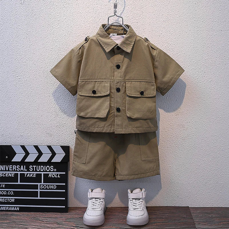 Summer Kids 2026 Summer New Boys Suit Child Buttons Shirt Cargo Shorts Multi-pocket Workwear Suit Short Sleeve Shorts Cotton Set