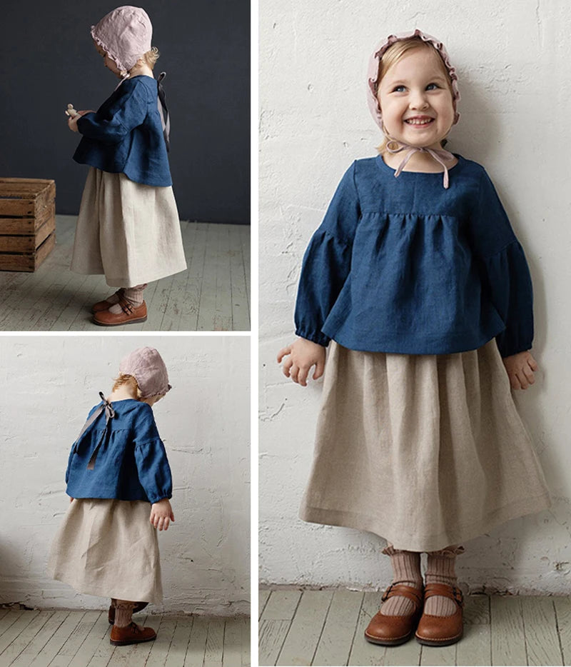 Girls Back Bow Tie Linen Long Sleeve Blouse – Solid Casual Loose Autumn Top