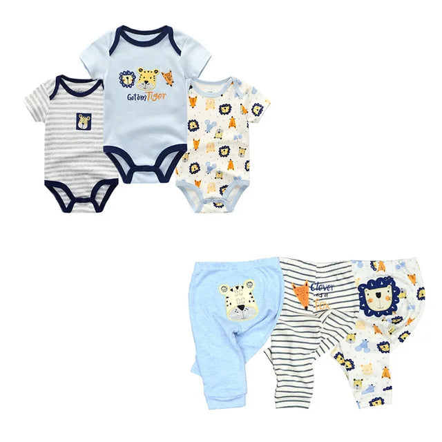 Unisex 6/9/10Pieces Cotton New Born Bodysuits+Pants Baby Girl Clothes Sets Cartoon Print Short Sleeve Baby Boy Clothes Bebes