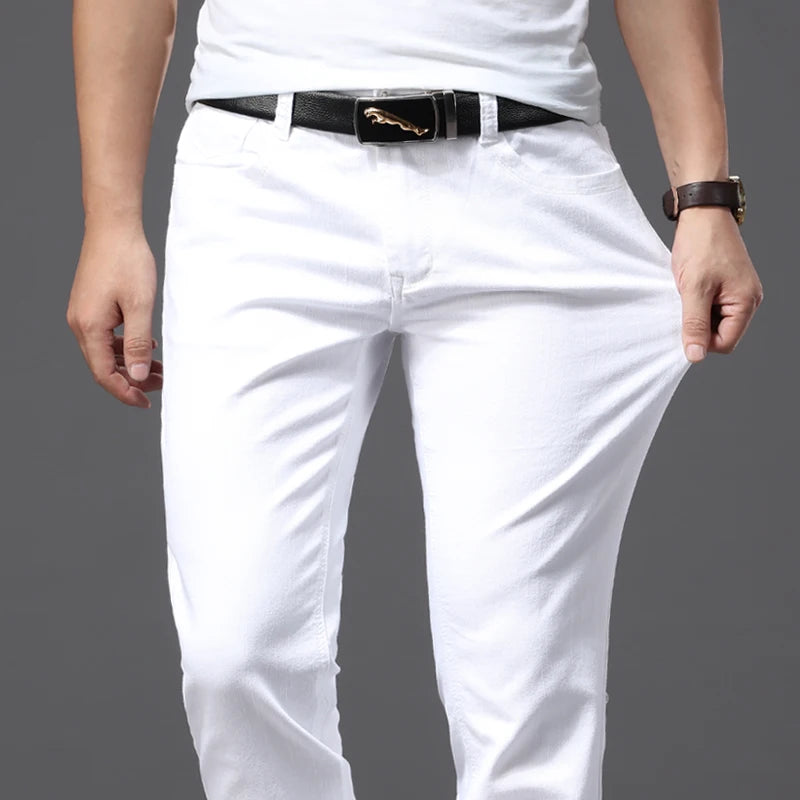 Men's White Slim Fit Stretch Jeans – Classic Fashion Brand Soft Trousers