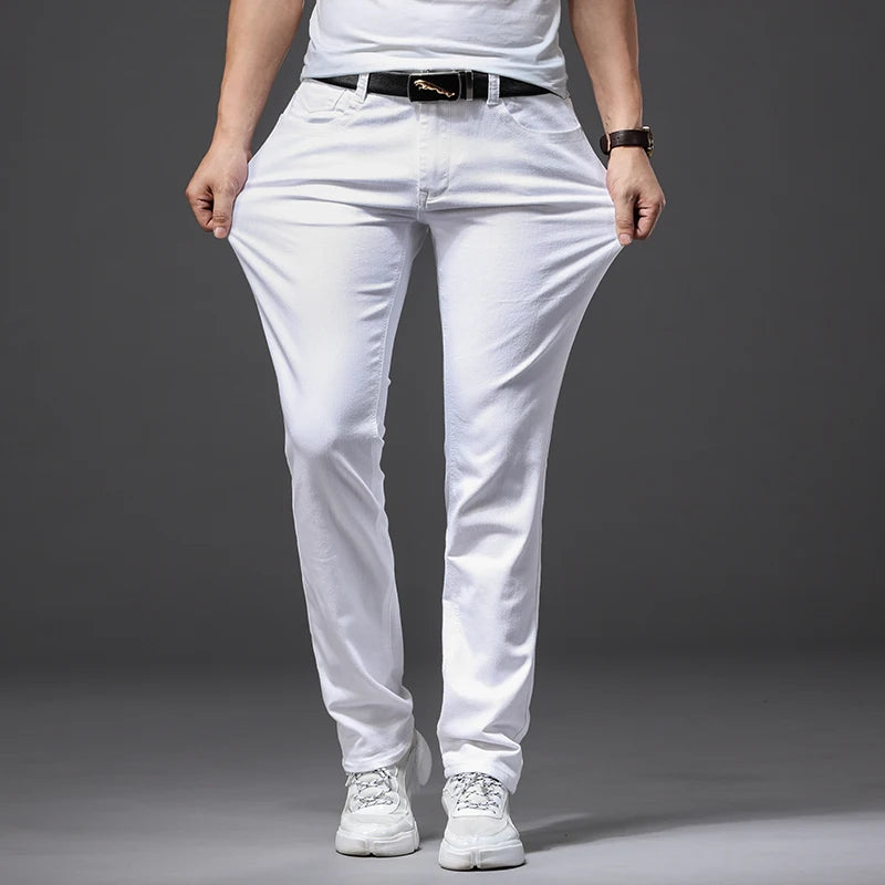 Men's White Slim Fit Stretch Jeans – Classic Fashion Brand Soft Trousers