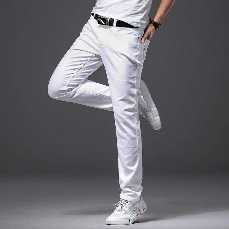 Men's White Slim Fit Stretch Jeans – Classic Fashion Brand Soft Trousers