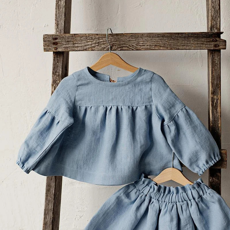 Girls Back Bow Tie Linen Long Sleeve Blouse – Solid Casual Loose Autumn Top