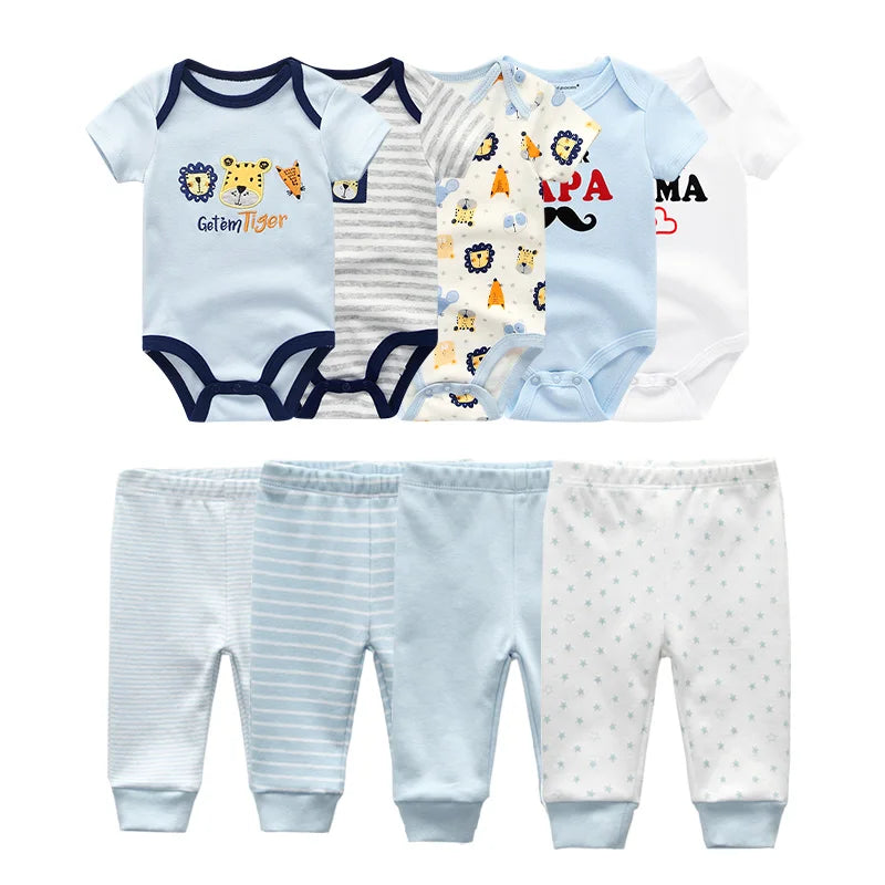 Unisex 6/9/10Pieces Cotton New Born Bodysuits+Pants Baby Girl Clothes Sets Cartoon Print Short Sleeve Baby Boy Clothes Bebes