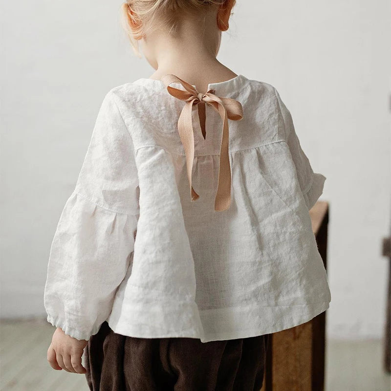 Girls Back Bow Tie Linen Long Sleeve Blouse – Solid Casual Loose Autumn Top