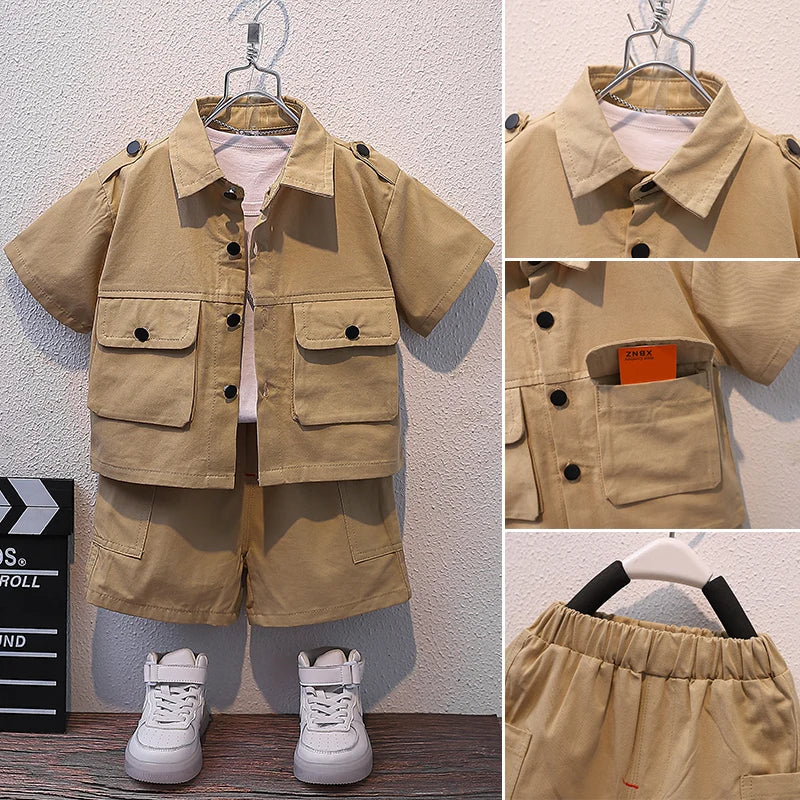 Summer Kids 2026 Summer New Boys Suit Child Buttons Shirt Cargo Shorts Multi-pocket Workwear Suit Short Sleeve Shorts Cotton Set
