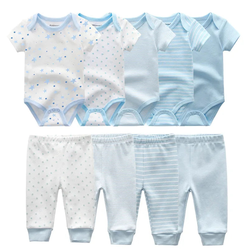 Unisex 6/9/10Pieces Cotton New Born Bodysuits+Pants Baby Girl Clothes Sets Cartoon Print Short Sleeve Baby Boy Clothes Bebes