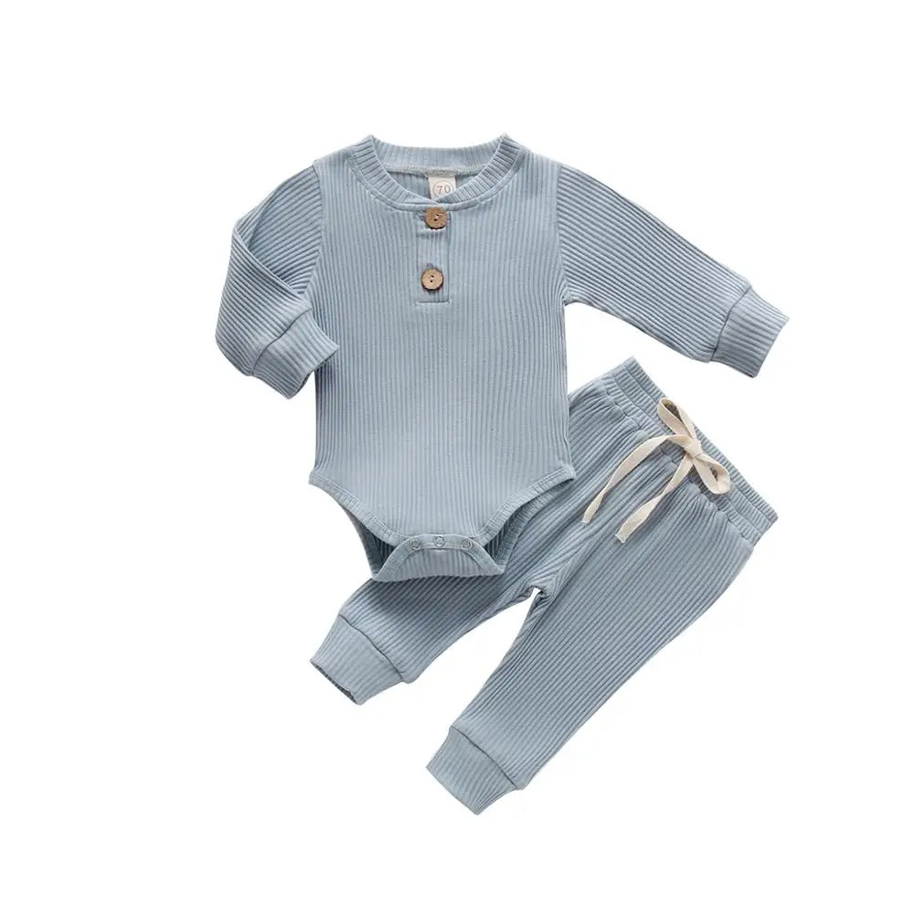 Infant Newborn Baby Girl Boy Spring Autumn Ribbed/Plaid Solid Clothes Sets Long Sleeve Bodysuits + Elastic Pants 2PCs Outfits