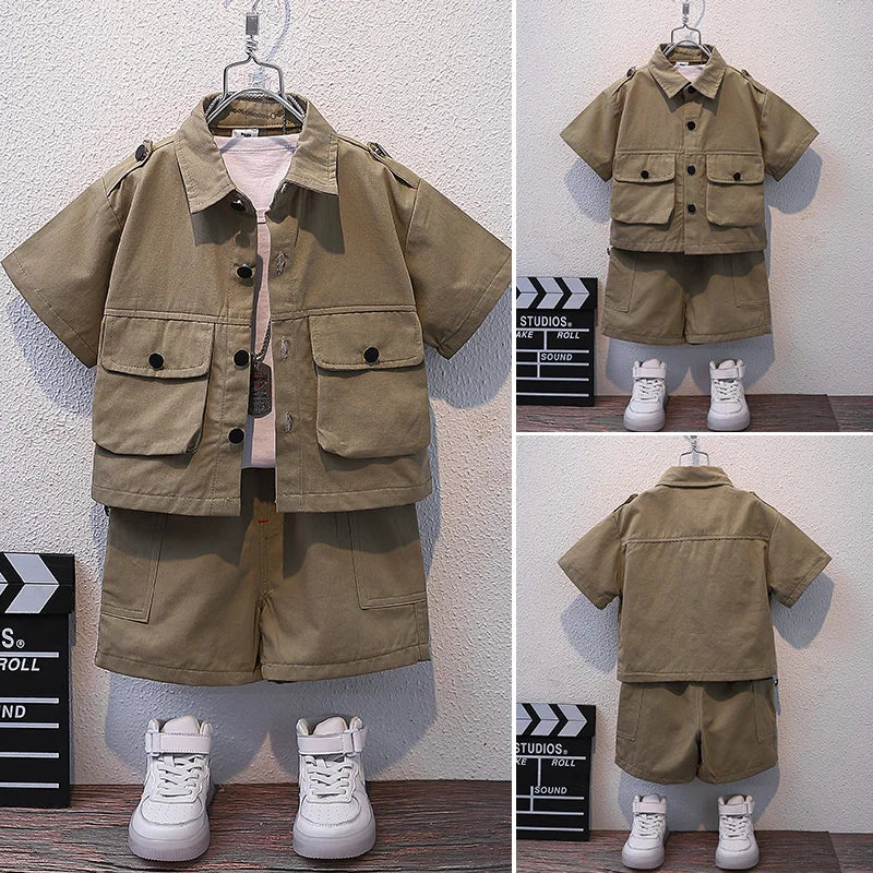 Summer Kids 2026 Summer New Boys Suit Child Buttons Shirt Cargo Shorts Multi-pocket Workwear Suit Short Sleeve Shorts Cotton Set
