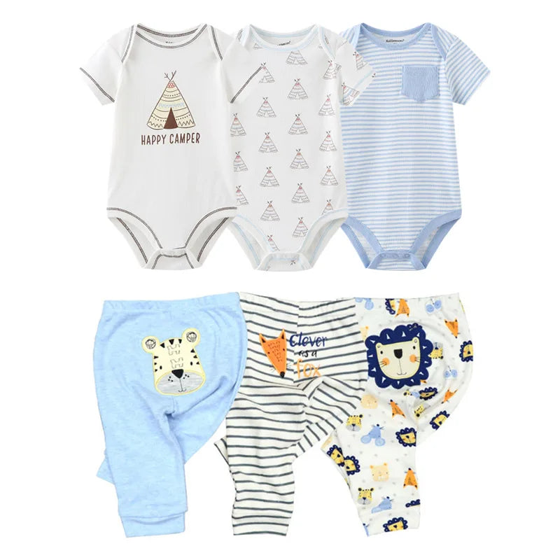 Unisex 6/9/10Pieces Cotton New Born Bodysuits+Pants Baby Girl Clothes Sets Cartoon Print Short Sleeve Baby Boy Clothes Bebes