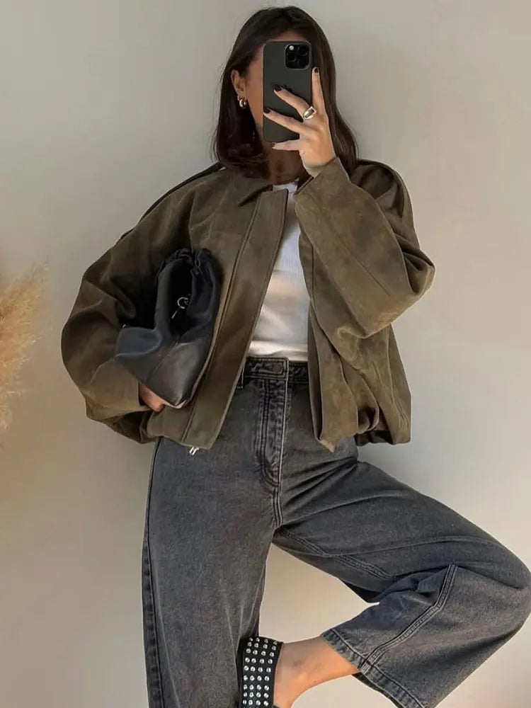 Women's Suede Bomber Motorcycle Jacket – Loose Casual Lapel Zipper Vintage Coat