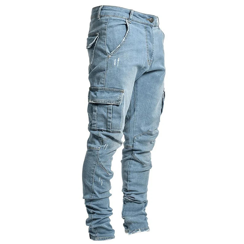 Men's Elastic Denim Cargo Jogger Jeans – Slim Fit Multi-Pocket Street Trousers