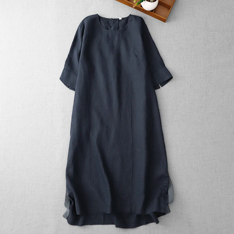Retro Cotton Linen Mid-Sleeve Dress Summer New Style Slimming Women's A-Line Midi Skirt Casual Loose Waist Comfortable Fit