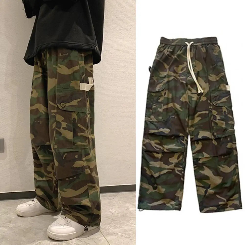 Casual Men Pants Male Jogging Trousers Drawstring Straight Printed Mid Waist Pants