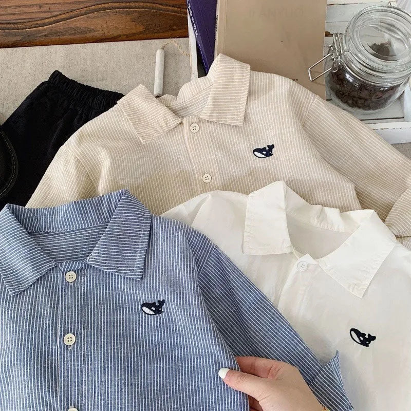 Boys Fish Embroidery Striped Cardigan Shirt – Cotton Turn-Down Collar Ages 2–7