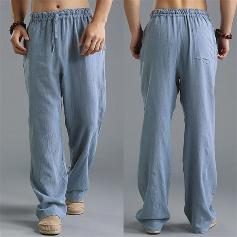 Solid Color Cotton Linen Men Pants Minimalist Basic Casual Drawstring Trousers Thin Plus Size Loose Straight Leg Pant