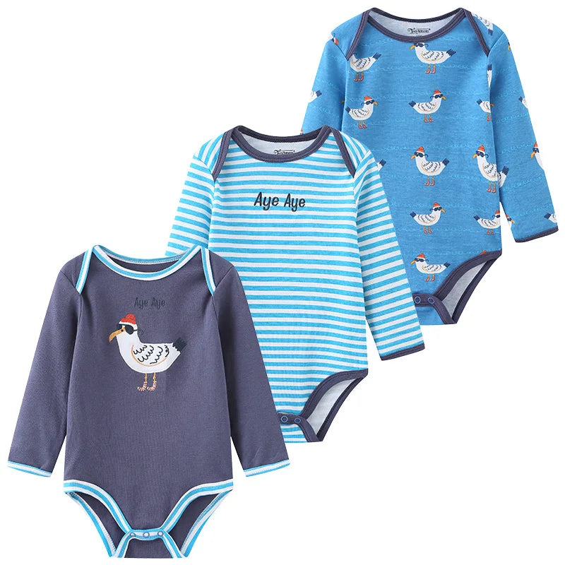 Newborn Cartoon Long Sleeve Bodysuit – 100% Cotton Baby Onesie 3-Pack