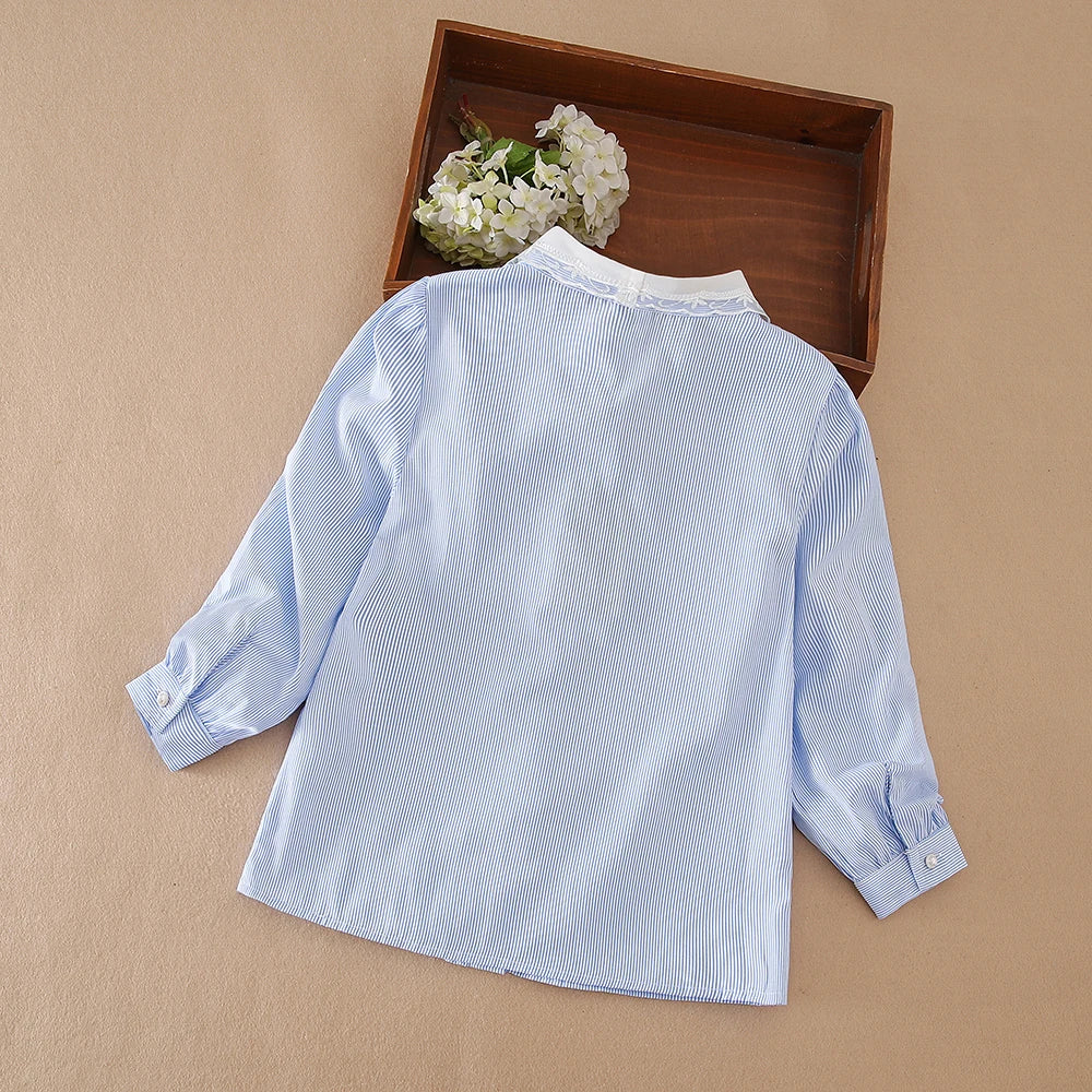 Girls Blue Striped Lace Collar Long Sleeve Shirt – 100% Cotton Blouse Ages 5–12