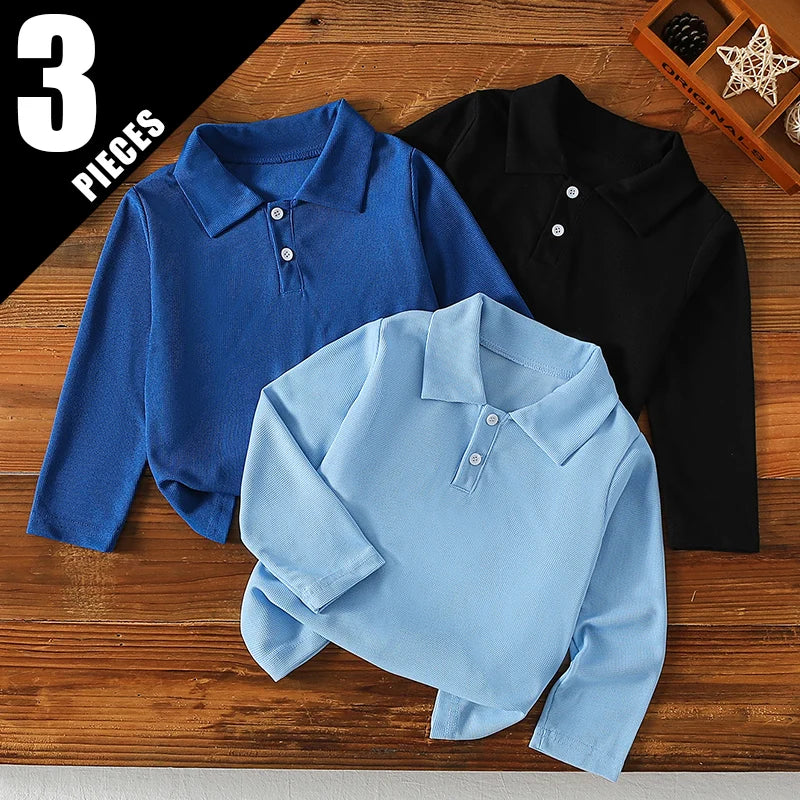 Kids Solid Color Polo Shirt – Long Sleeve Lapel Top for Boys & Girls