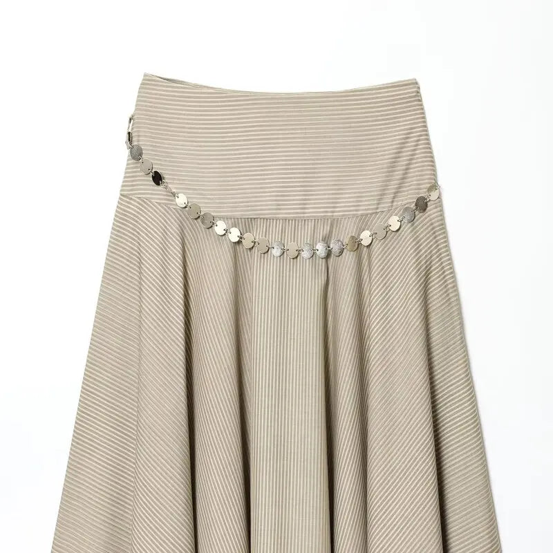 Summer 2025 New Asymmetric Midi Skirt Women's Faion Stripe Belt f-length Skirts Casual Sle mid Waist Design Loose Fit