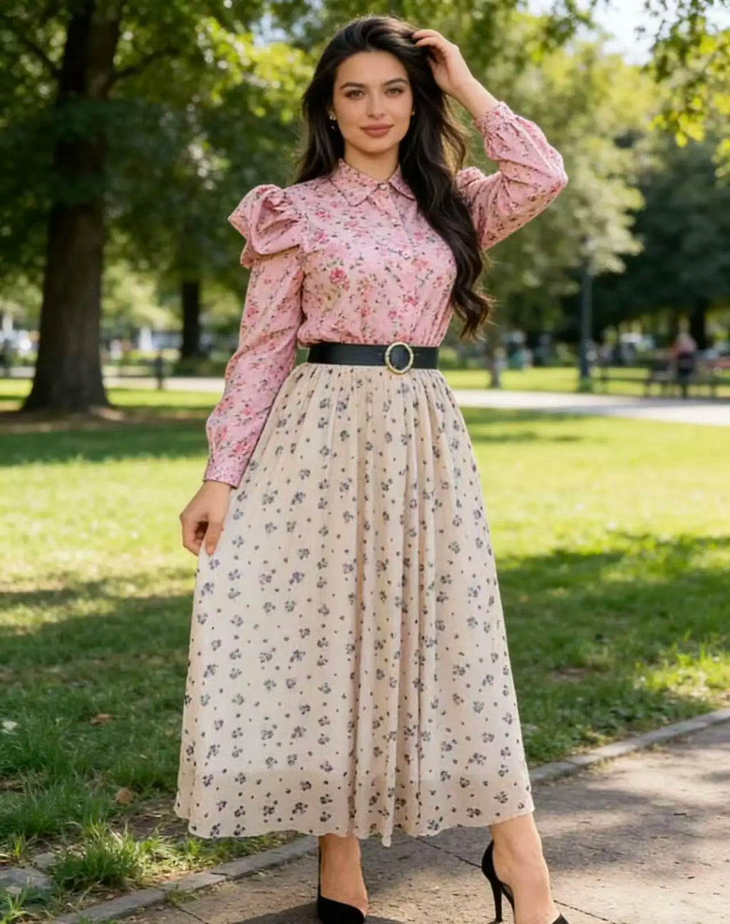 Plus Size Women's Fashion Casual Elastic Waist Mesh Small Floral Straight Skirt Loose Breathable Commuter Skirt (Belt Not Included)hable Commuter Skirt