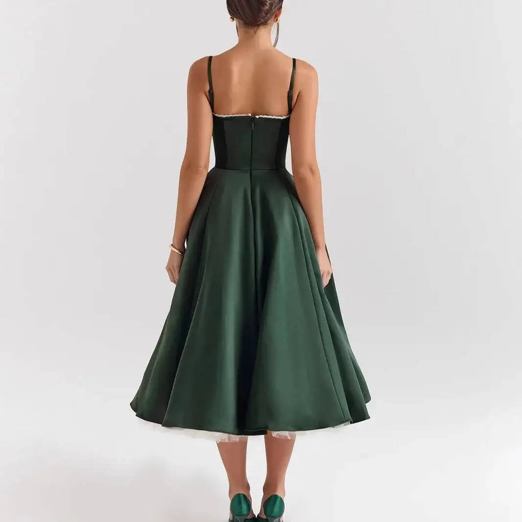Women's Satin Strapless French Midi Dress – High-End Waist Strap Sexy Elegant Gown