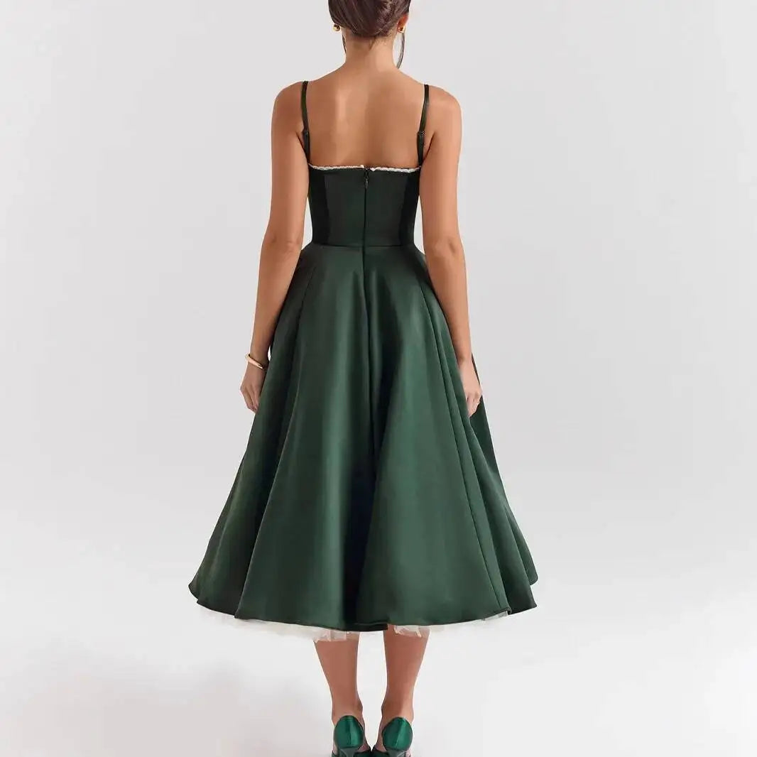 Women's Satin Strapless French Midi Dress – High-End Waist Strap Sexy Elegant Gown