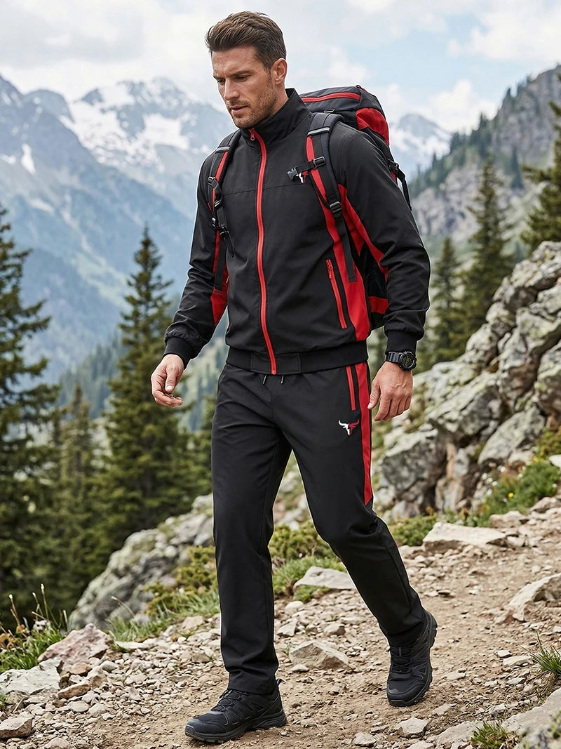 Bull Print Colorblock Sports Set for Men Outdoor Stand Collar Zip Up Jacket Coat Outwear Tops Pants Trousers with Zipper Pockets