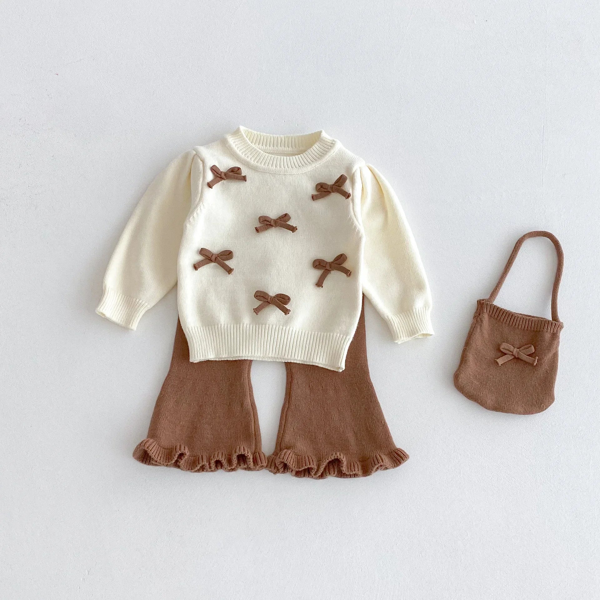 Baby Girl 3-Piece Knitted Outfit Set  Autumn Cute Bowknot Cream Sweater + Brown Ruffle Flared Pants + Mini Bag Girls Clothing