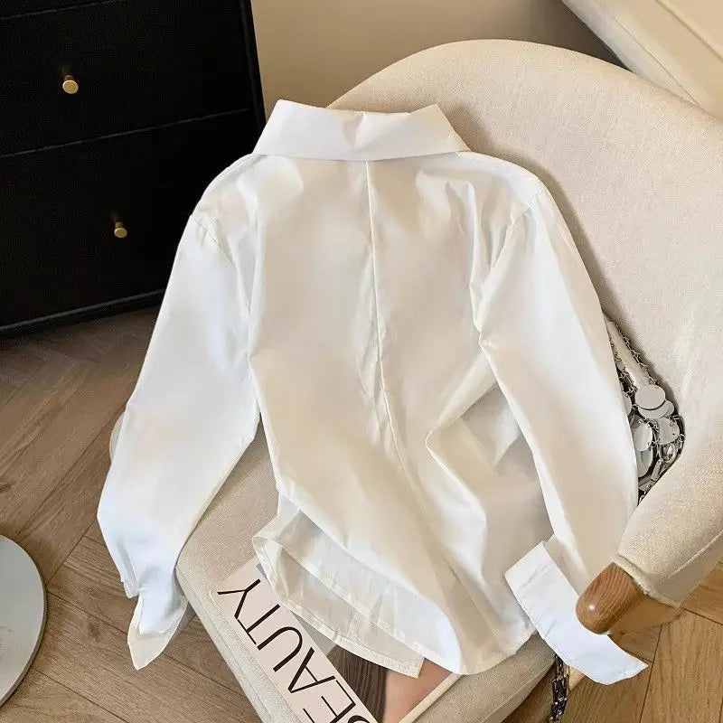 Women's Irregular Long Sleeve Polo Tunic Shirt – Elegant White Basic Work Blouse