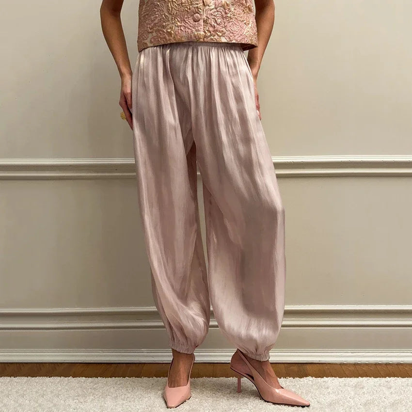 Women's Pink Crepe Pleated Balloon Pants – Vintage High Waist Street Chic Trousers