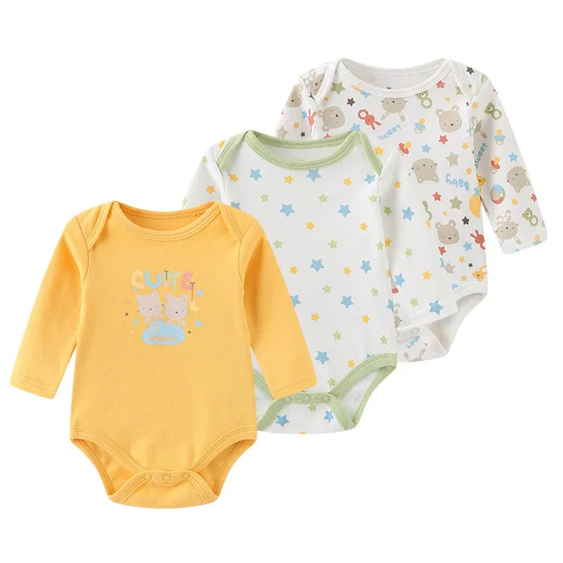 Newborn Cartoon Long Sleeve Bodysuit – 100% Cotton Baby Onesie 3-Pack