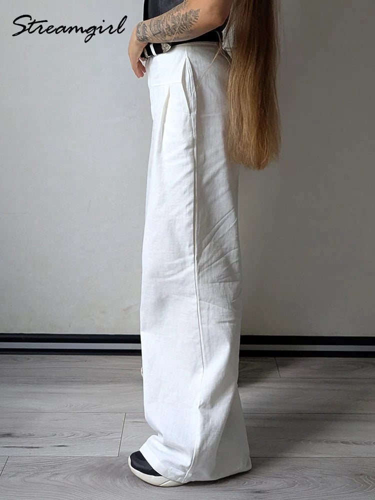 Women's White Cotton High Waist Wide Leg Office Pants – Formal Straight Leg Trousers
