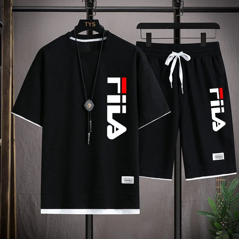 Fashionable printed T-shirt shorts set for men, sporty and comfortable, summer waffle style set