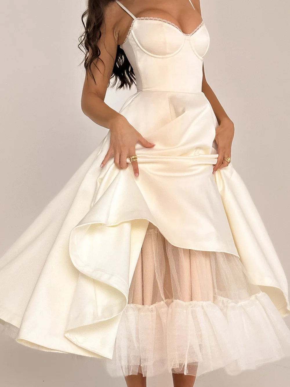 Women's Satin Strapless French Midi Dress – High-End Waist Strap Sexy Elegant Gown